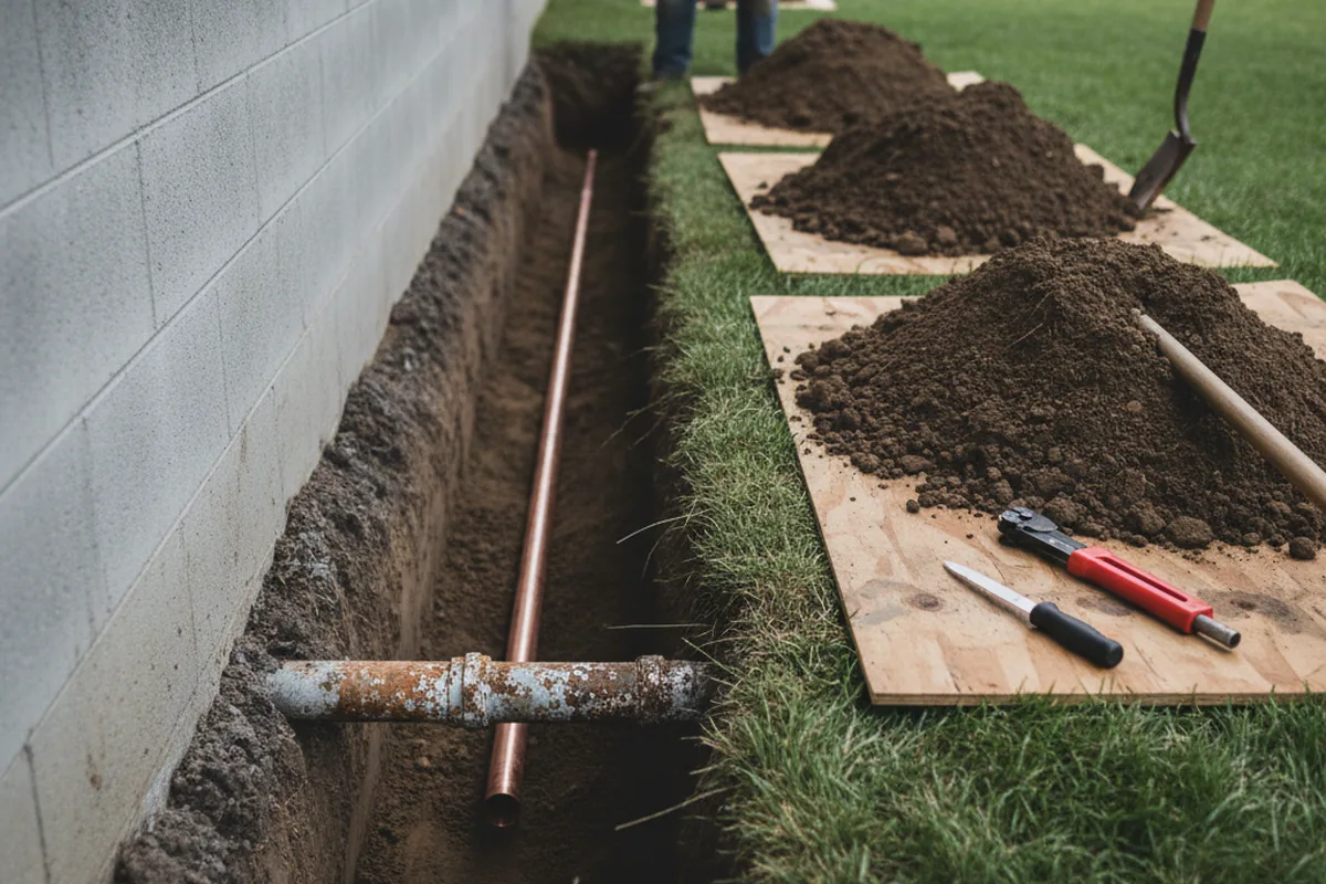 Excavated water line trench during Water Softener Installation in Irvington